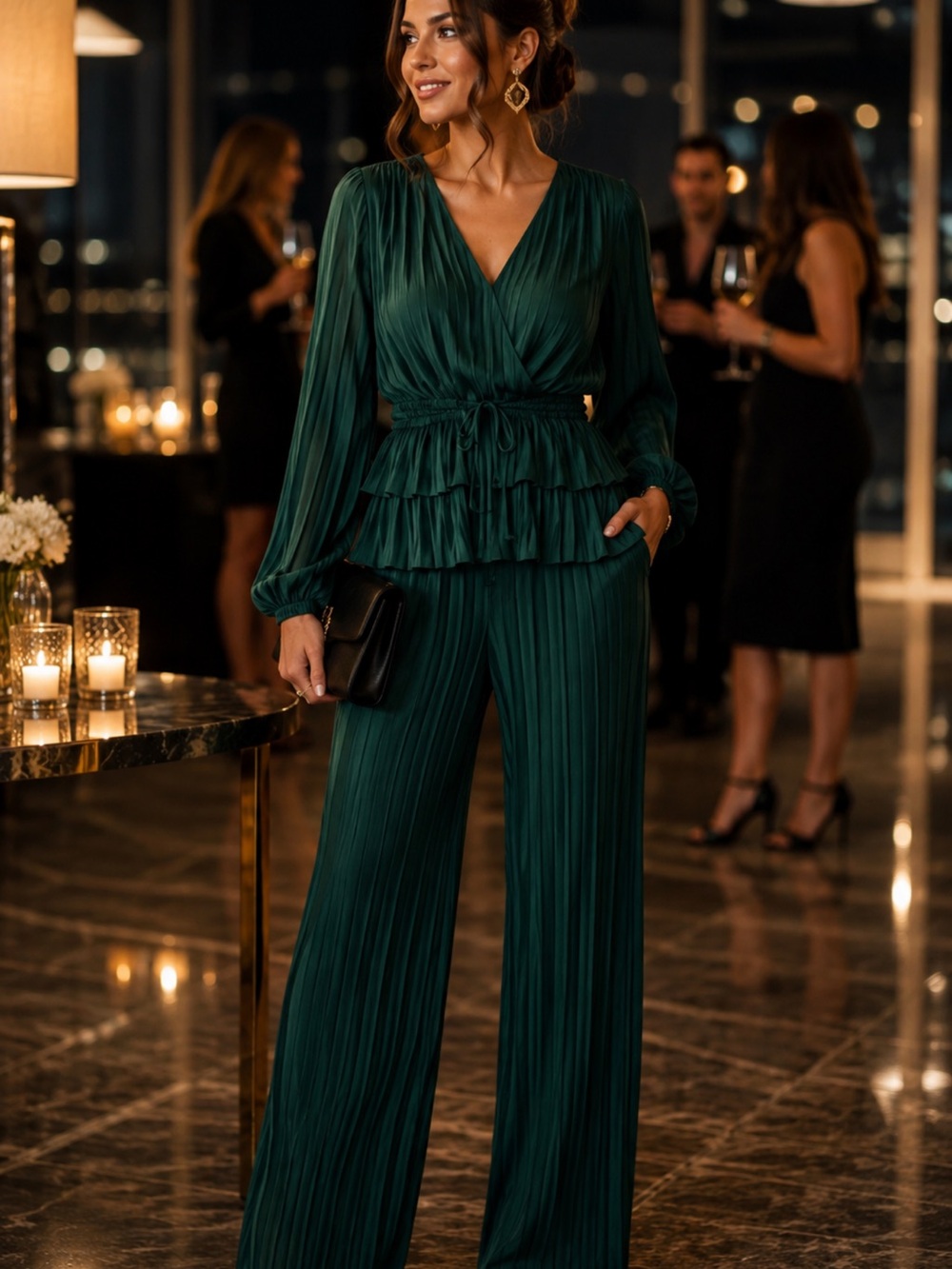 Zara Emerald Green Pleated Wide-Leg Pants & flowy Top